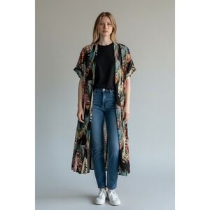 Umgee USA Feather Print Duster‎ Kimono Cardigan Black Multi Color Size Medium